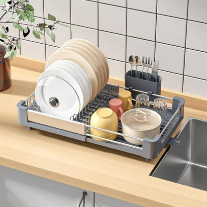 Extendable Dish Rack, Dual Part Dish Drainers with Non-Scratch and Movable Cutlery Drainer