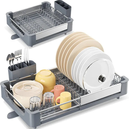 Extendable Dish Rack, Dual Part Dish Drainers with Non-Scratch and Movable Cutlery Drainer