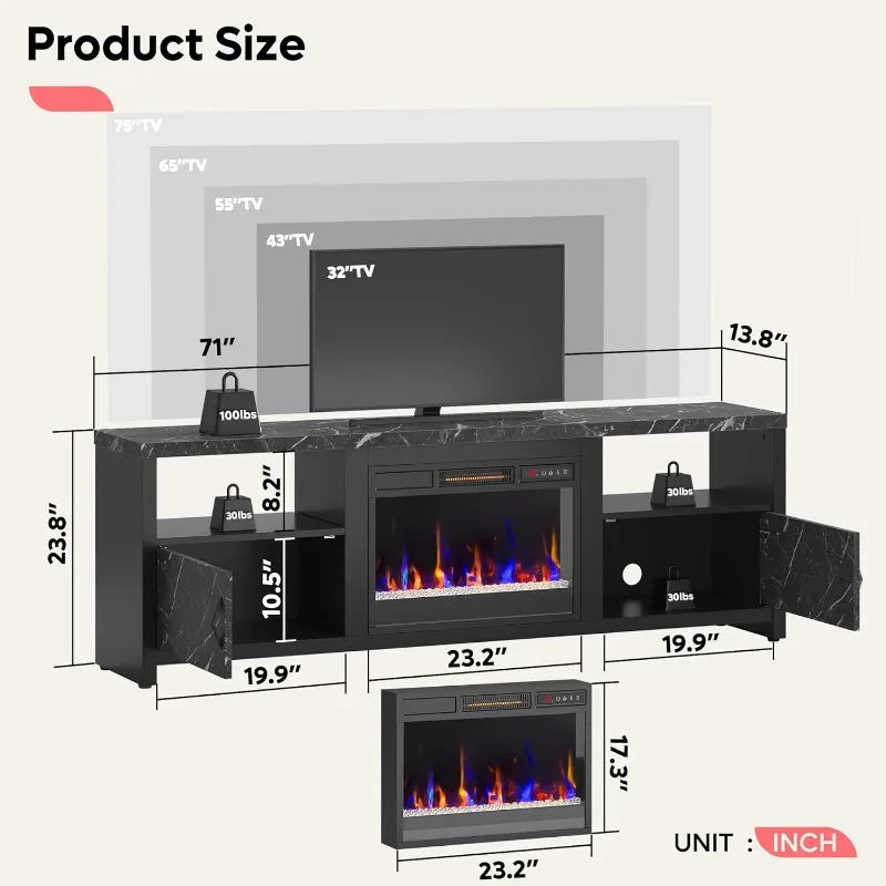 70 Inch Fireplace TV Stand for 75" TV