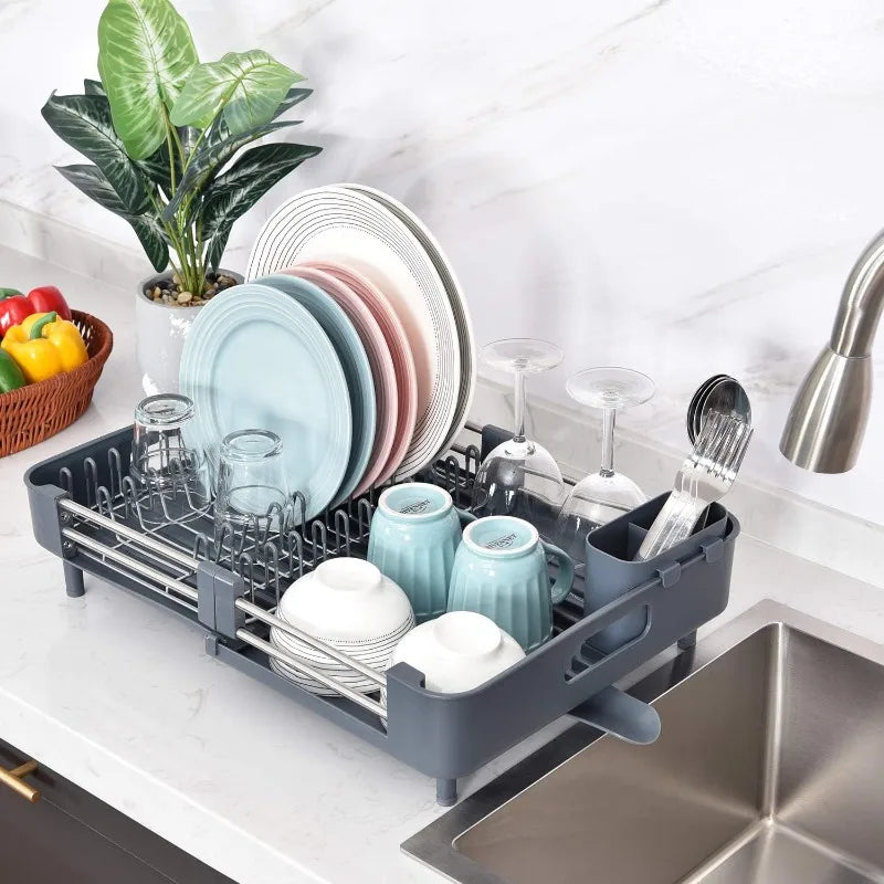 Extendable Dish Rack, Dual Part Dish Drainers with Non-Scratch and Movable Cutlery Drainer