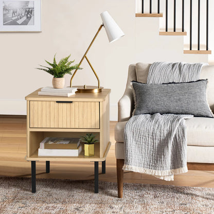 Set of 2, Natural Oak End Table with Storage Drawer and Open Wood Shelf