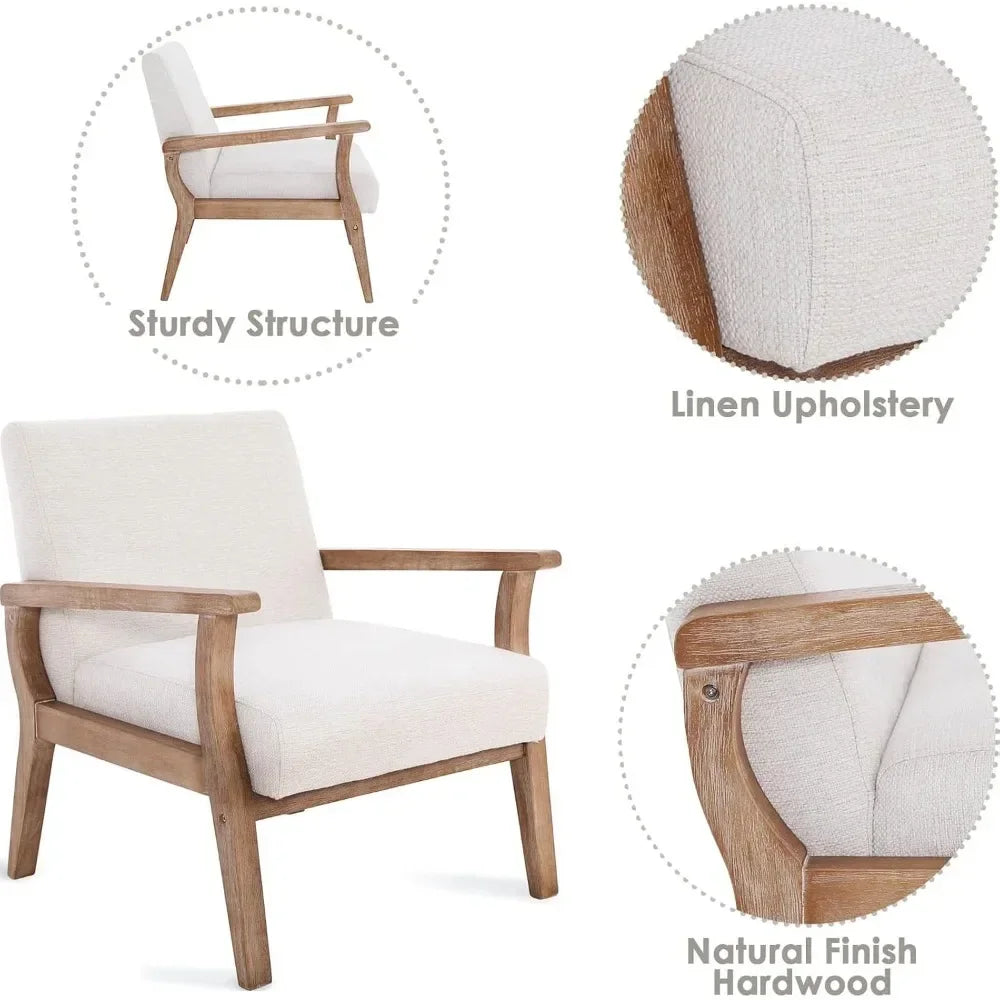 Living Room Chairs Set of 2, Linen Upholstered  Chair with Natural Wood Frame, Comfortable Farmhouse Accent Chair