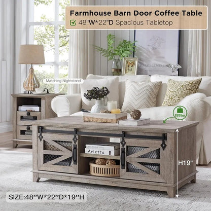 48'' Coffee Table with Storage & Sliding Barn Doors and Adjustable Shelves for Living Room