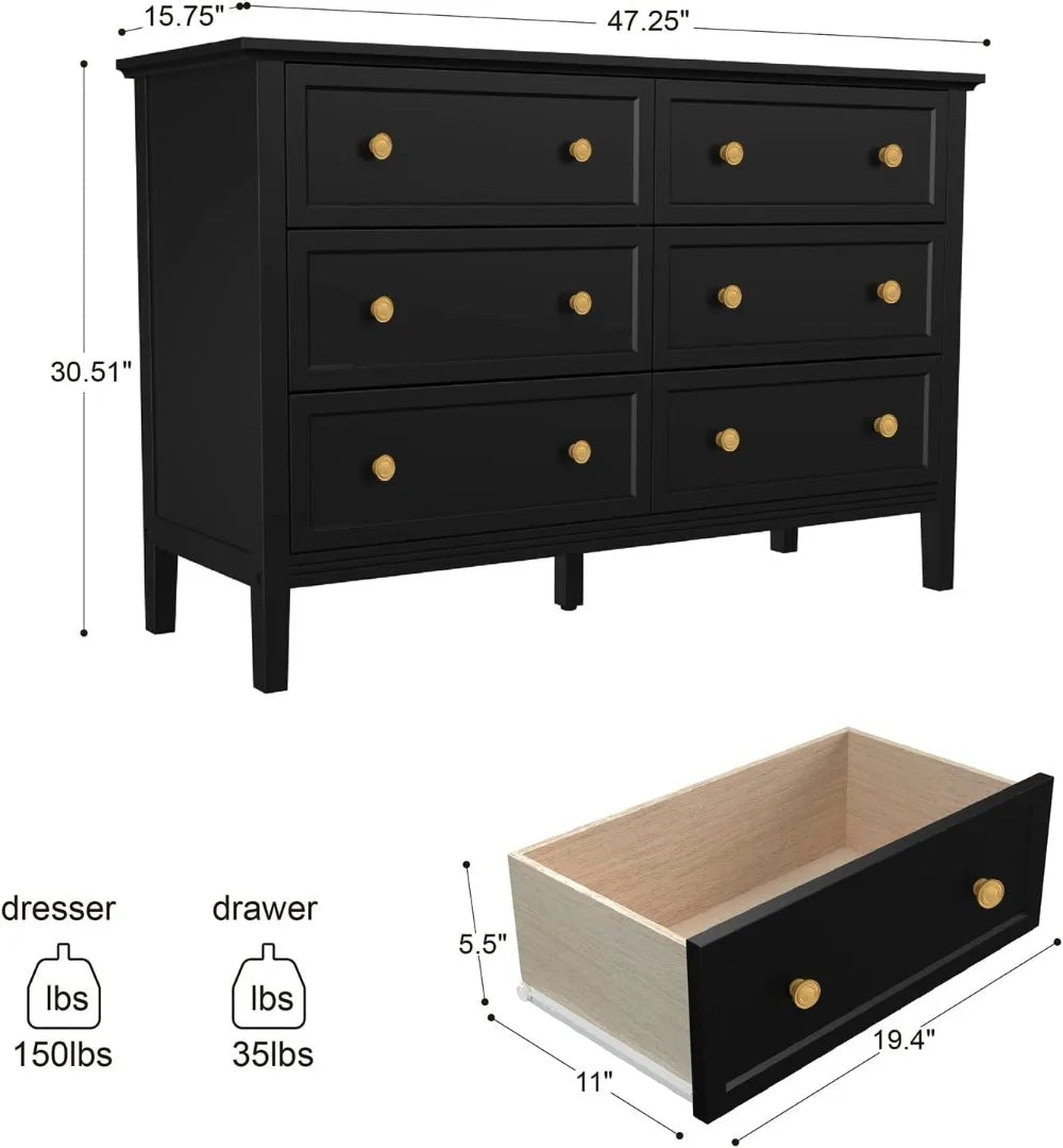 Dresser for Bedroom, Modern 6 Drawer Double Dresser with Wide Drawer