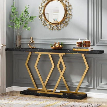 70.9 Inch Extra Long Sofa Table Black and Gold Console Table with Faux Marble