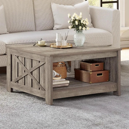 Farmhouse Coffee Table with Storage Rustic Wood Cocktail Table,