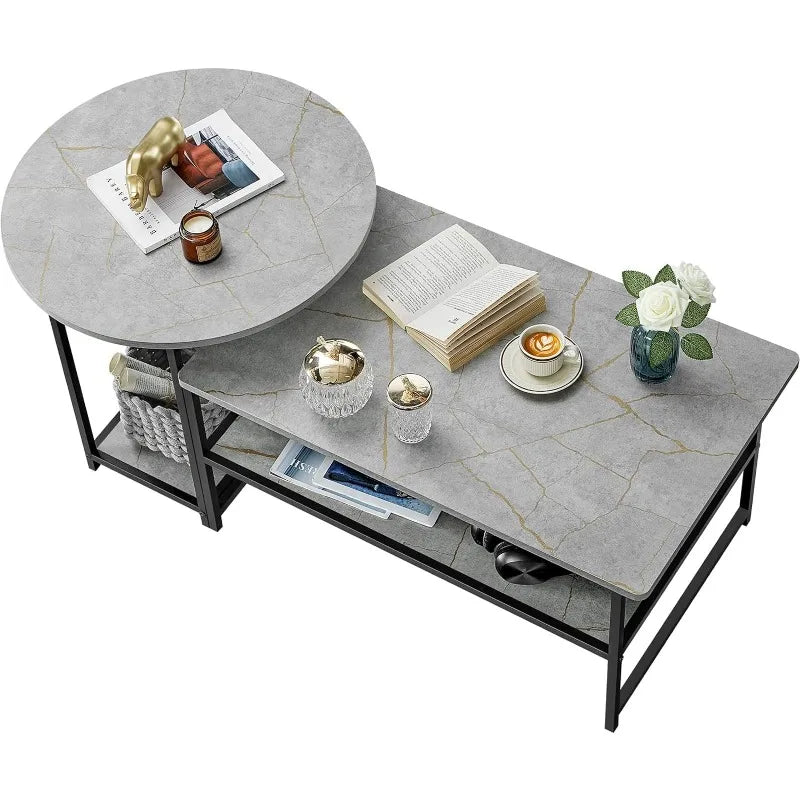 Marble Center Table with Storage 2 in 1Detachable Table Set Grey Marble