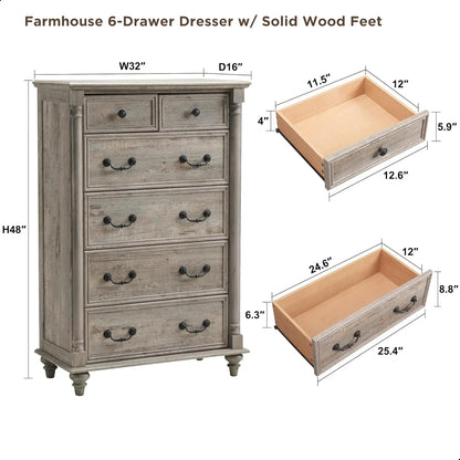 Dressers Farmhouse 6 Drawers Dresser Chests For Bedroom W/4 Solid Wood Feet & Column Decor Tall Wood Light Rustic Oak