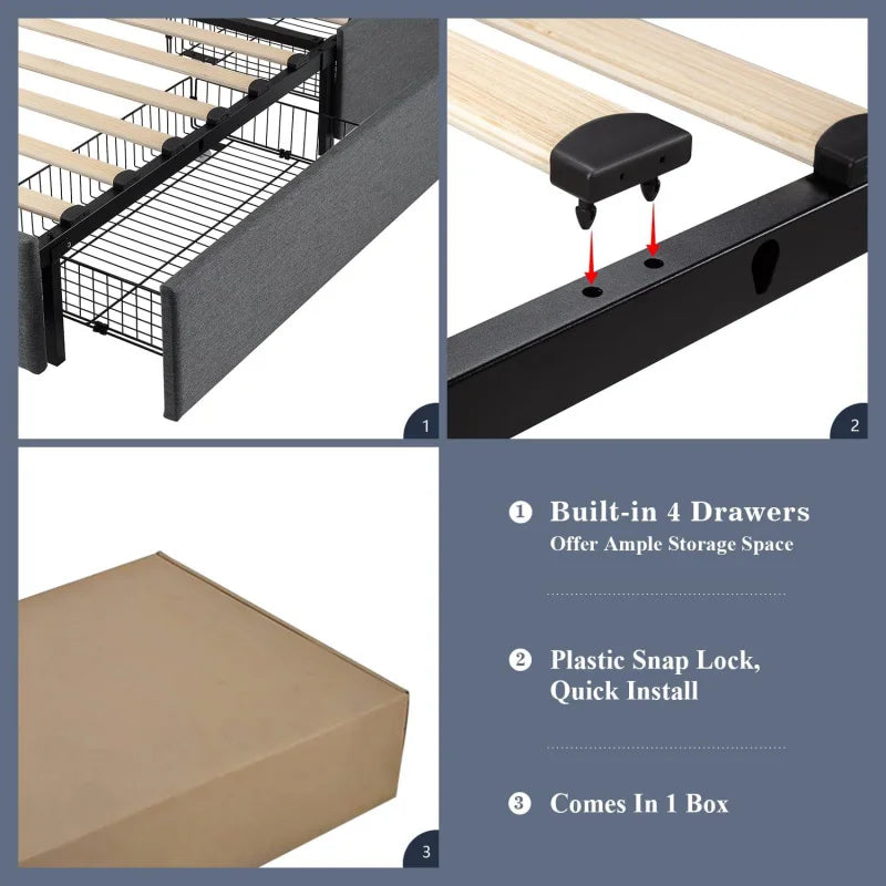 Upholstered Queen Size Platform Bed Frame With 4 Storage