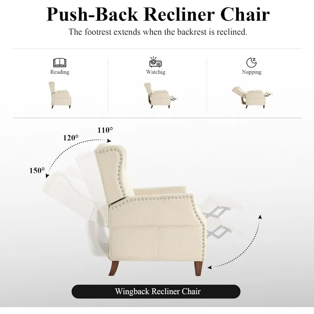 Wingback Pushback Recliner Chair with Storage Pocket, Upholstered Fabric