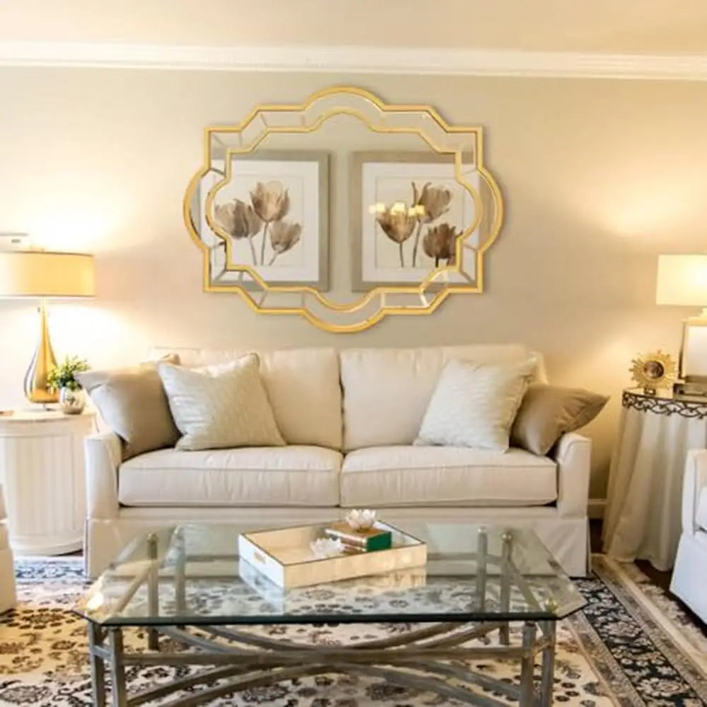 Large Gold Irregular Decorative Wall Mirror with Beveled Edge