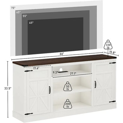 66" Farmhouse TV Stand with Power Outlets for 75 65 Inch TVs, 33" Tall