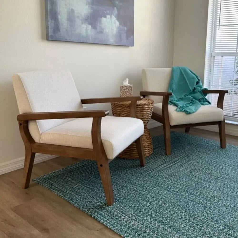 Living Room Chairs Set of 2, Linen Upholstered  Chair with Natural Wood Frame, Comfortable Farmhouse Accent Chair