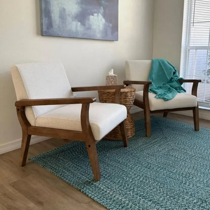 Living Room Chairs Set of 2, Linen Upholstered  Chair with Natural Wood Frame, Comfortable Farmhouse Accent Chair