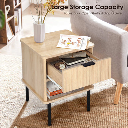 Set of 2, Natural Oak End Table with Storage Drawer and Open Wood Shelf