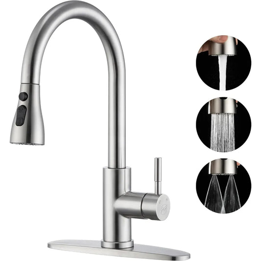 Brushed Nickel Kitchen Faucet with 3-Function Pull Down Sprayer,