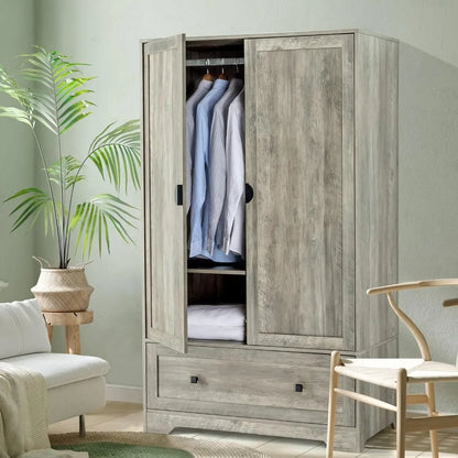 with Hanging Rod, Adjustable Shelves and Drawer, Freestanding Wardrobe