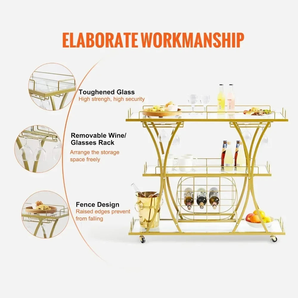 Bar Cart Gold, 3 Tiers Home Bar Serving Cart on Lockable Wheels,  with Tempered Glass Shelves Guardrail