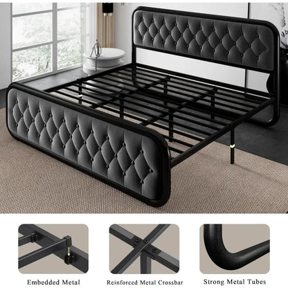 King Size Bed Frame Heavy Duty Bed With Faux Leather Headboard