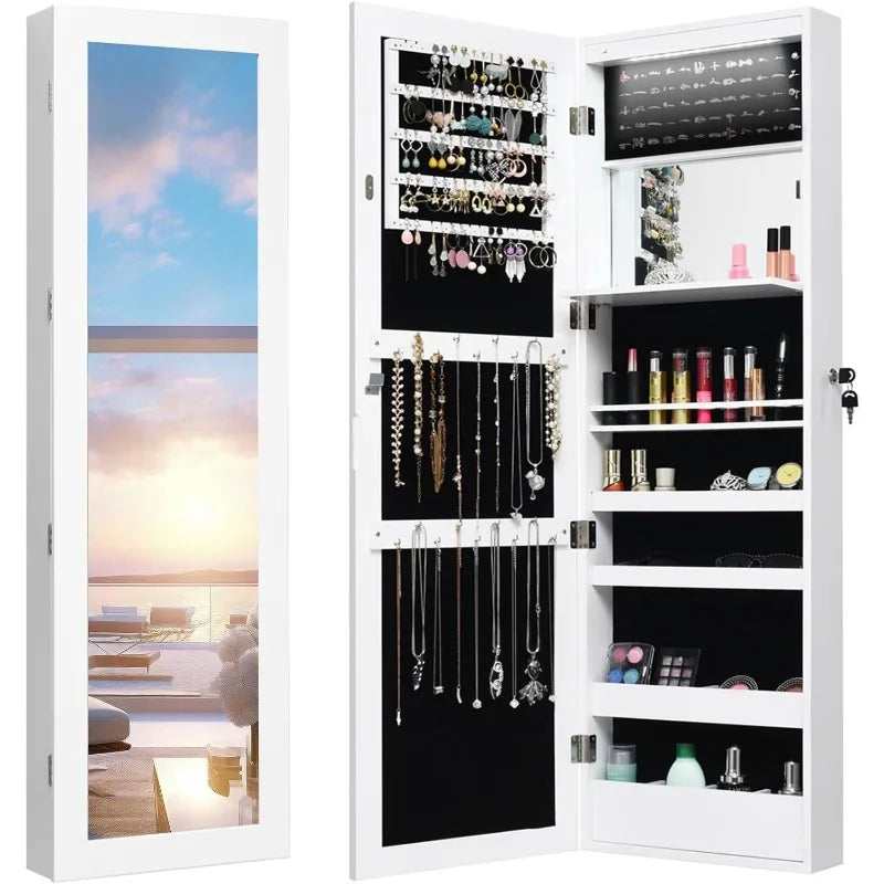 LED Jewelry Cabinet Wall Mounted , Lockable Jewelry Armoire with 47.2'' Full Length