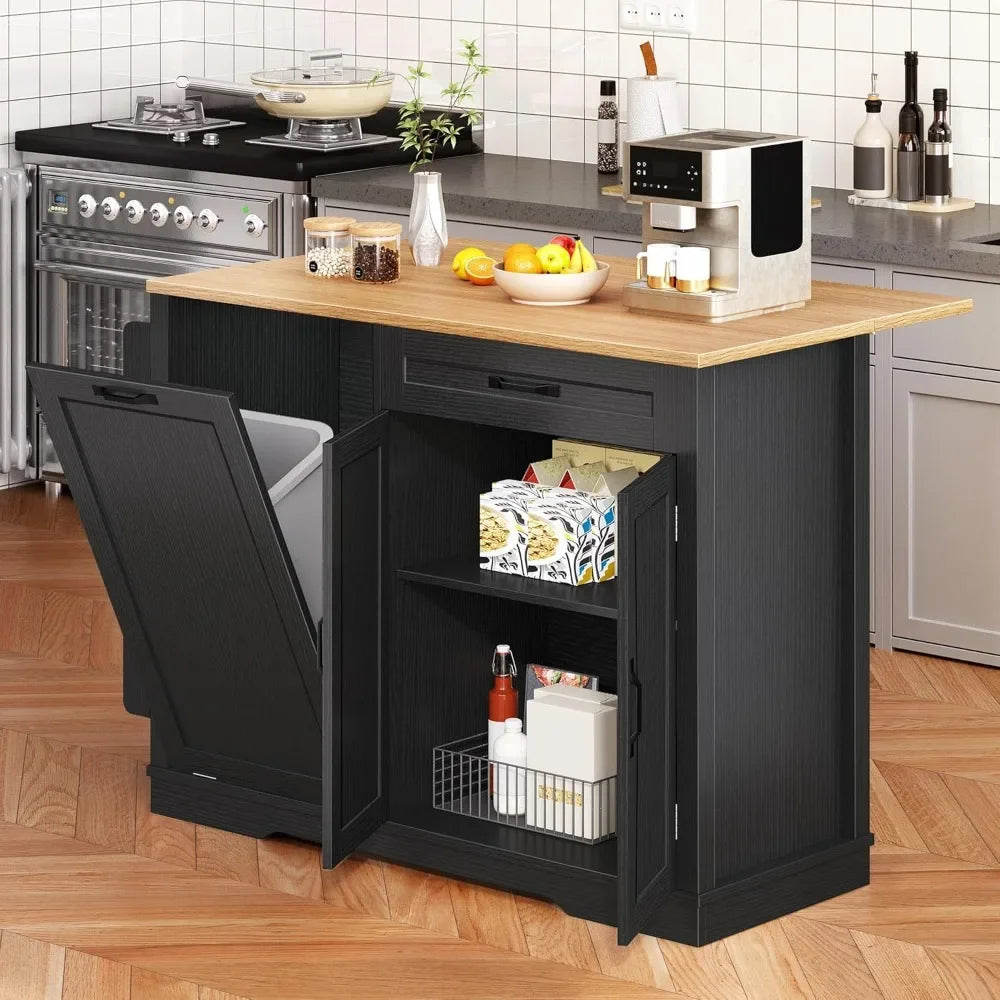 50 Inch Rolling Kitchen Island with Trash Can Storage & Drop Leaf,