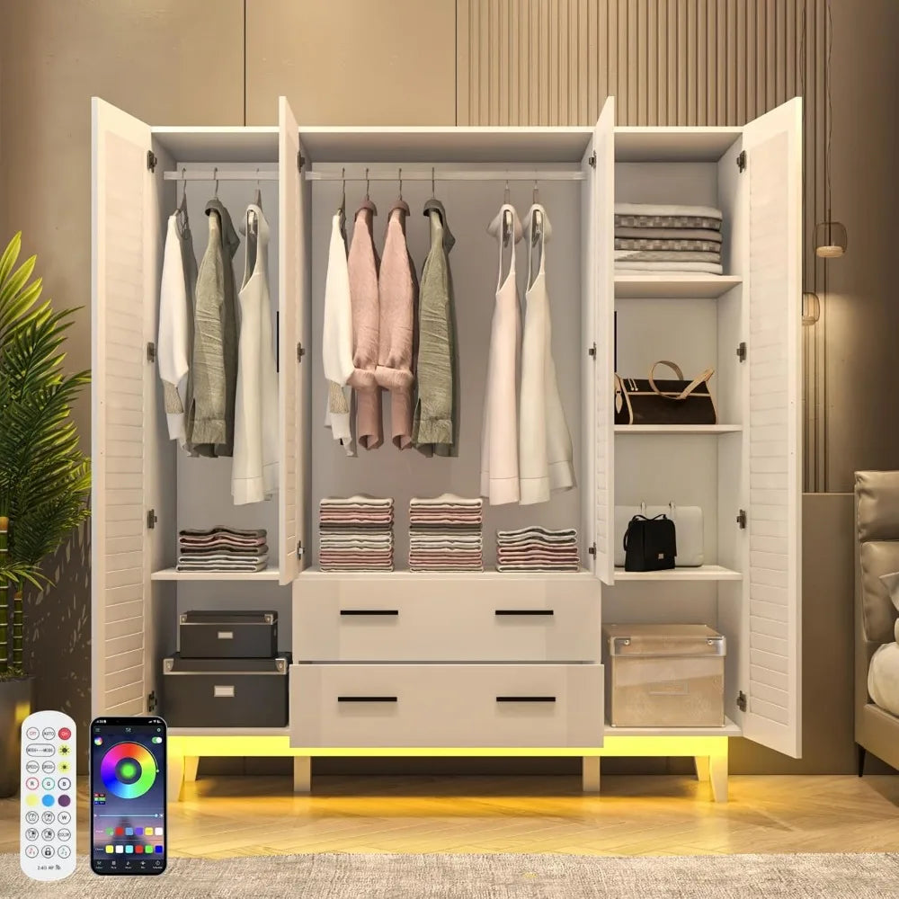 3 Door Armoire Wardrobe Closet Cabinet with Drawers and LED Lights,