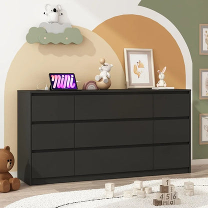 Black Dresser for Bedroom, 63 Inch Long 9 Drawers Dresser with Charging Station