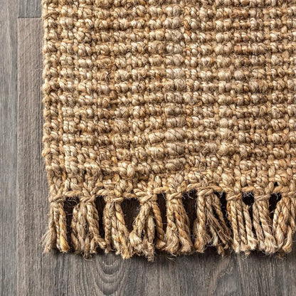 Hand Woven Chunky Jute with Fringe, Indoor Area Rug, Bohemian Farmhouse, Easy Cleaning, 8 Ft X 10 Ft, Natural Color