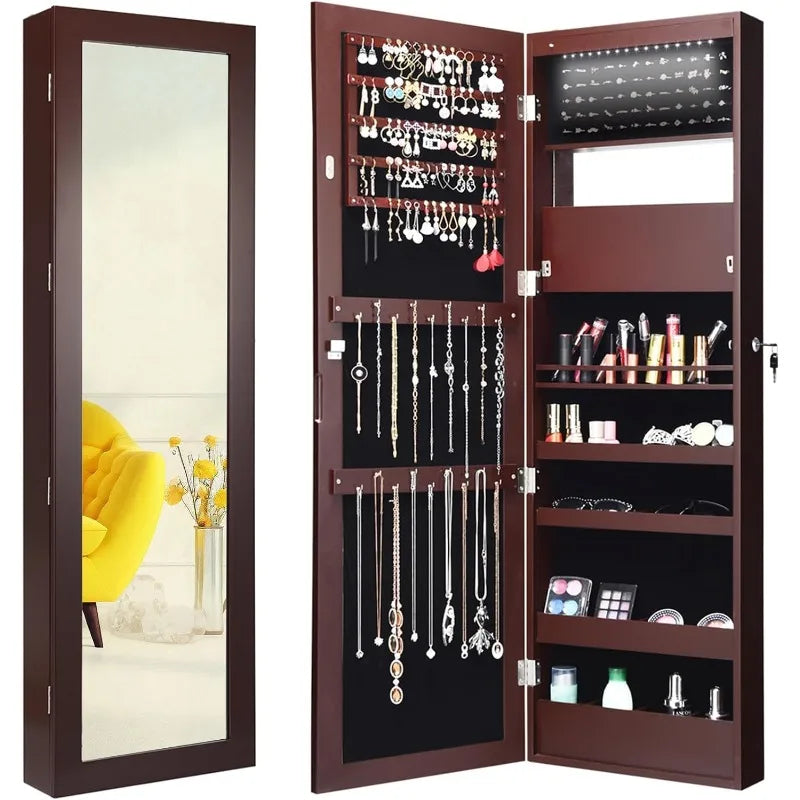 LED Jewelry Cabinet Wall Mounted , Lockable Jewelry Armoire with 47.2'' Full Length