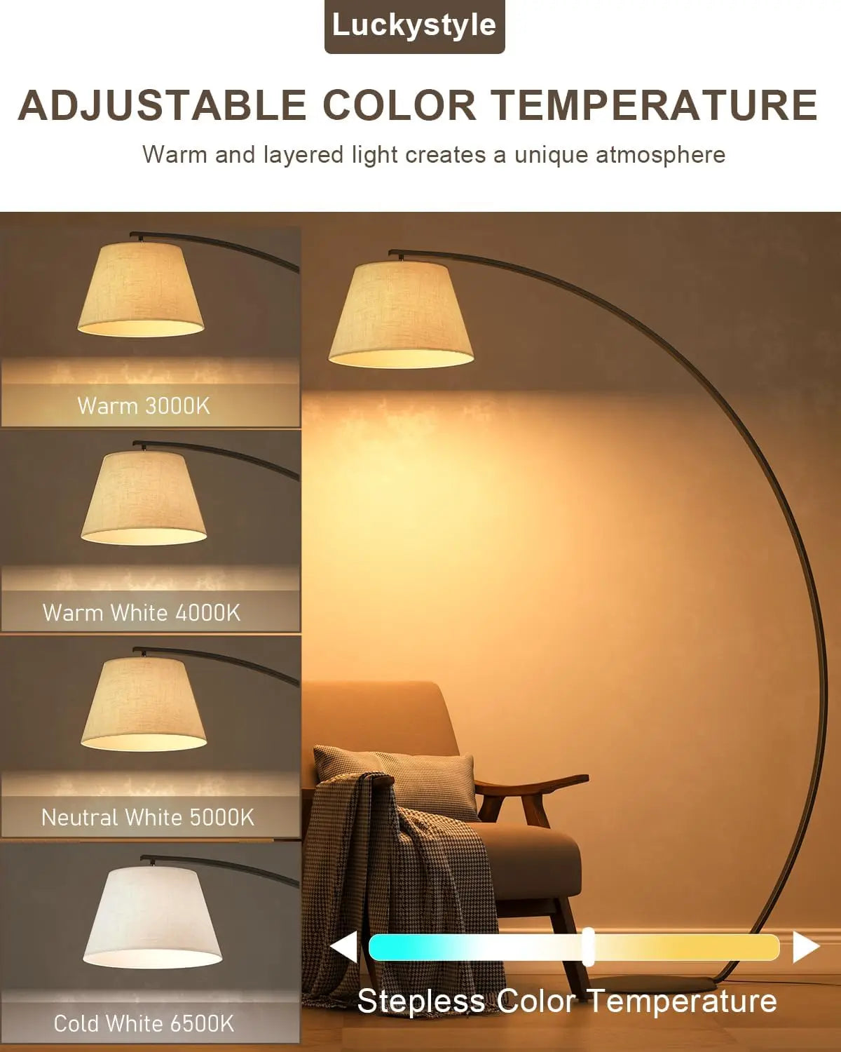 Arc Floor Lamp,  Dimmable Bulb and Adjustable Shade with Remote and Foot Switch