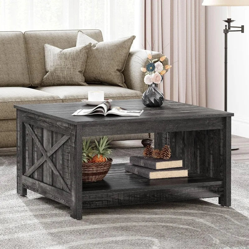 Farmhouse Coffee Table with Storage Rustic Wood Cocktail Table,