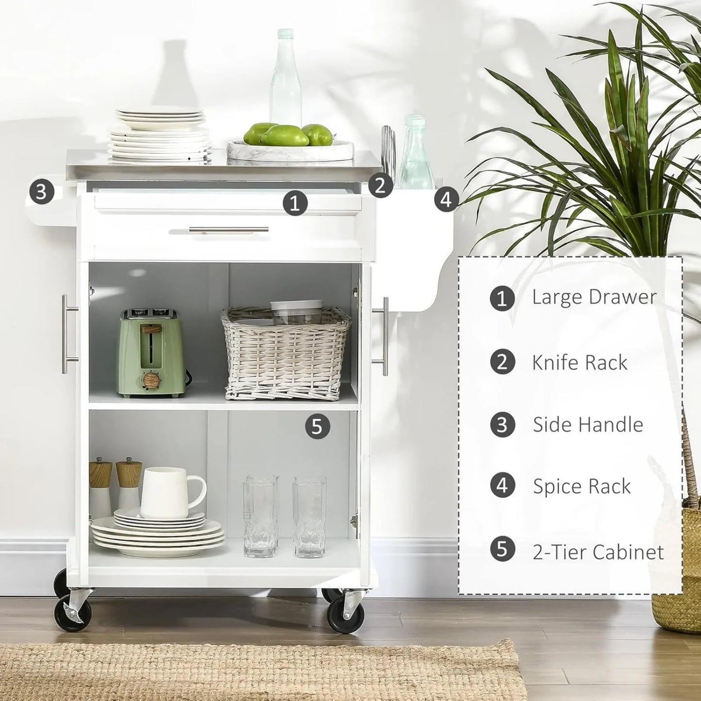 Rolling Kitchen Cart with Stainless Steel Countertop, Drawer, Towel Rack and Spice Rack, Utility