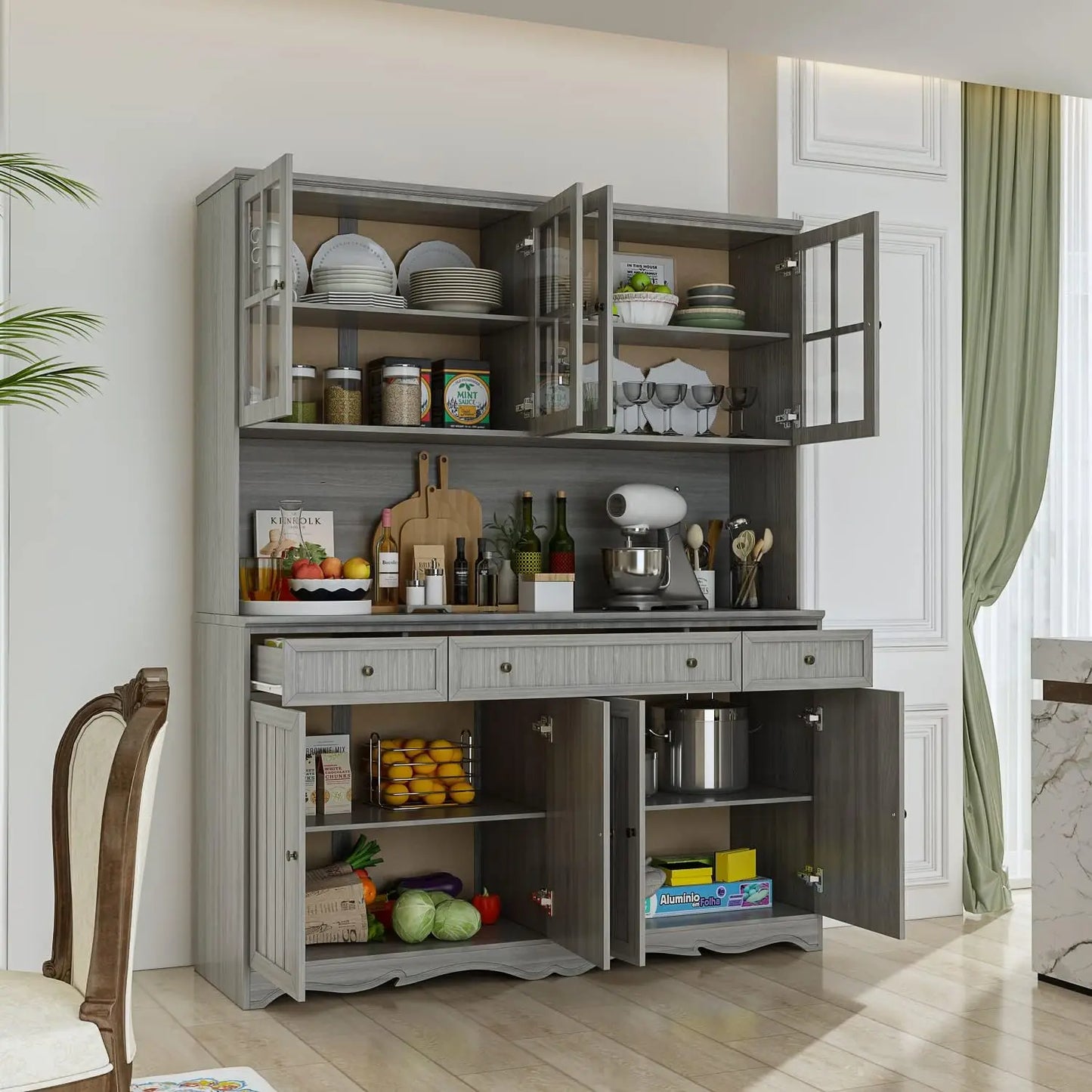 Cabinet with Glass Doors & Hutch,  with 8 Shelves & 3 Drawers