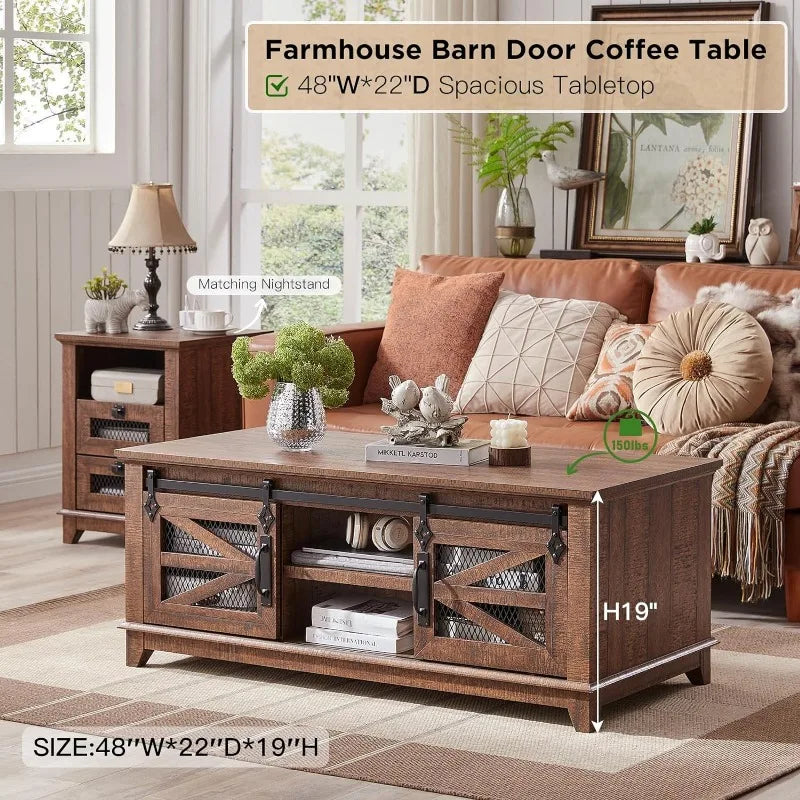 48'' Coffee Table with Storage & Sliding Barn Doors and Adjustable Shelves for Living Room