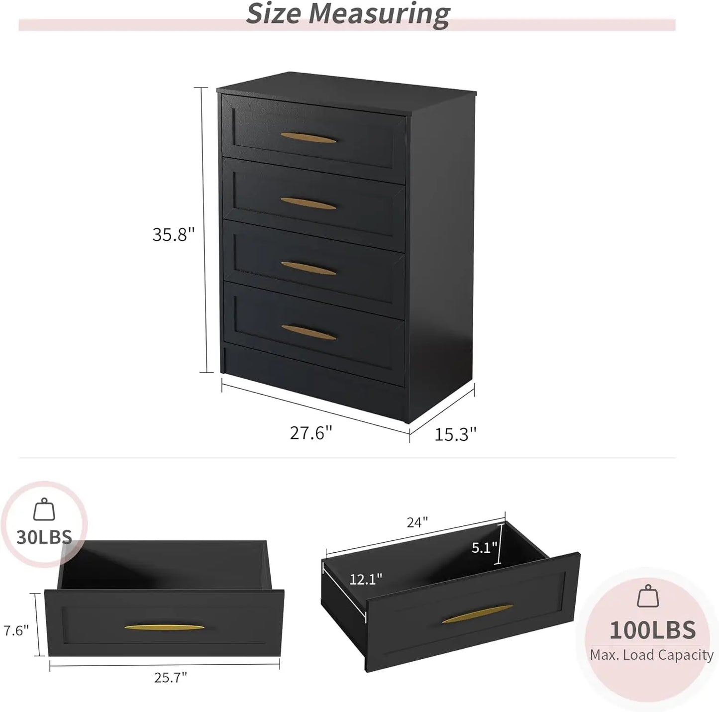 4-Drawer Dressers Set of 2 Black Chest of Drawers with Gold Handle & Wide Drawers 35.8"