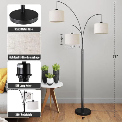 3 Lights Floor Lamp for Living Room, 78" Tall with Hanging Drum Shade