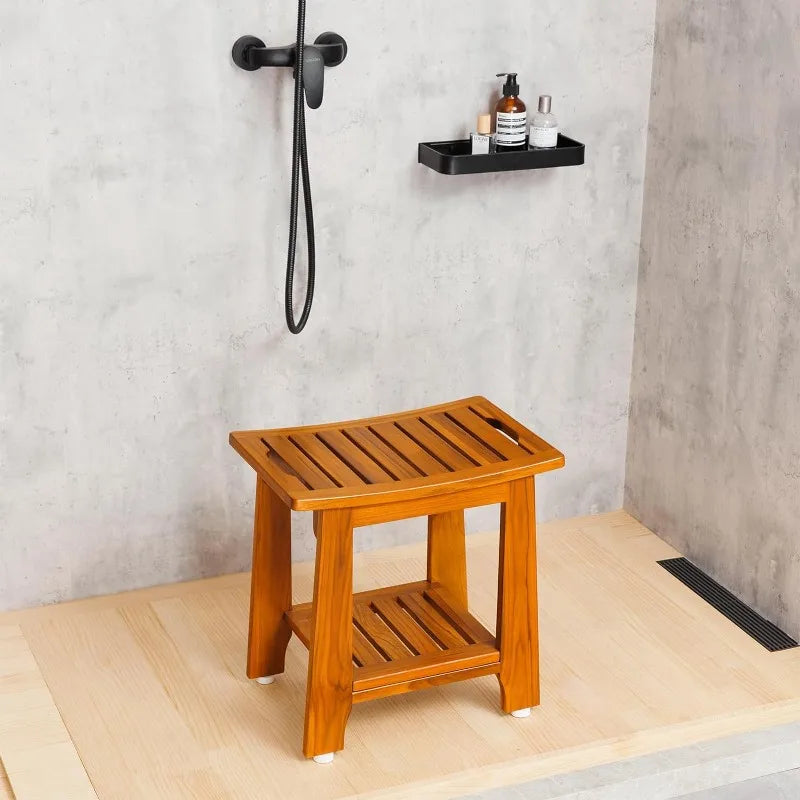 Teak Shower Bench Seat with Handle 14 Inch