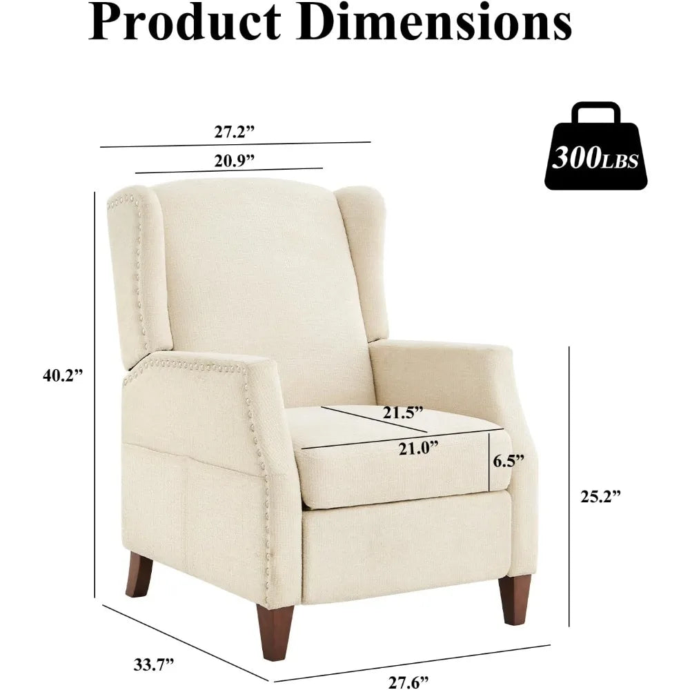 Wingback Pushback Recliner Chair with Storage Pocket, Upholstered Fabric