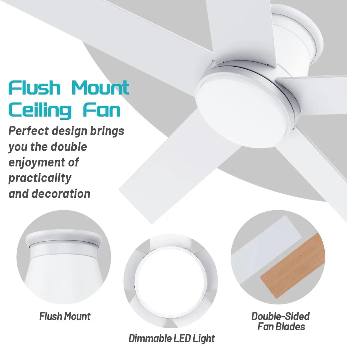 52 inch Ceiling Fan with Light,White Flush Mount 6 Speeds DC Reversible Motor,Timing,Dimmable