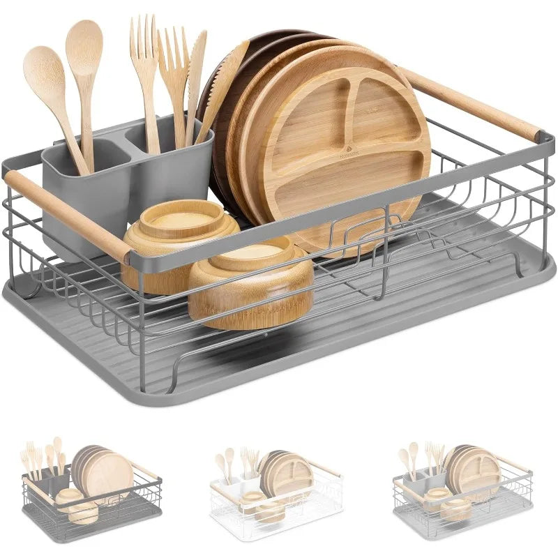 Dish Rack with Beechwood Handles - Metal Dish Drying Rack