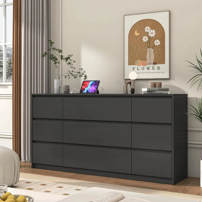 Black Dresser for Bedroom, 63 Inch Long 9 Drawers Dresser with Charging Station