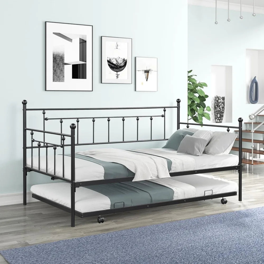 Metal Guest Bed Heavy Duty Twin Size Daybed with Pull out Trundle