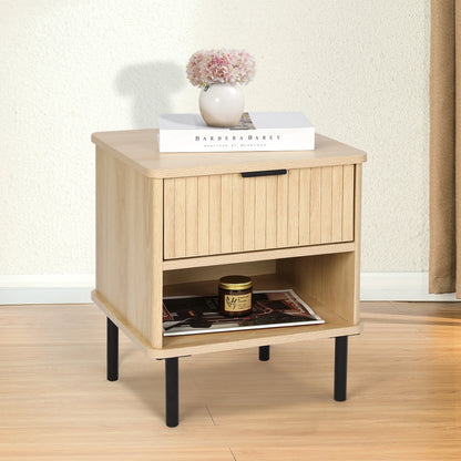 Set of 2, Natural Oak End Table with Storage Drawer and Open Wood Shelf