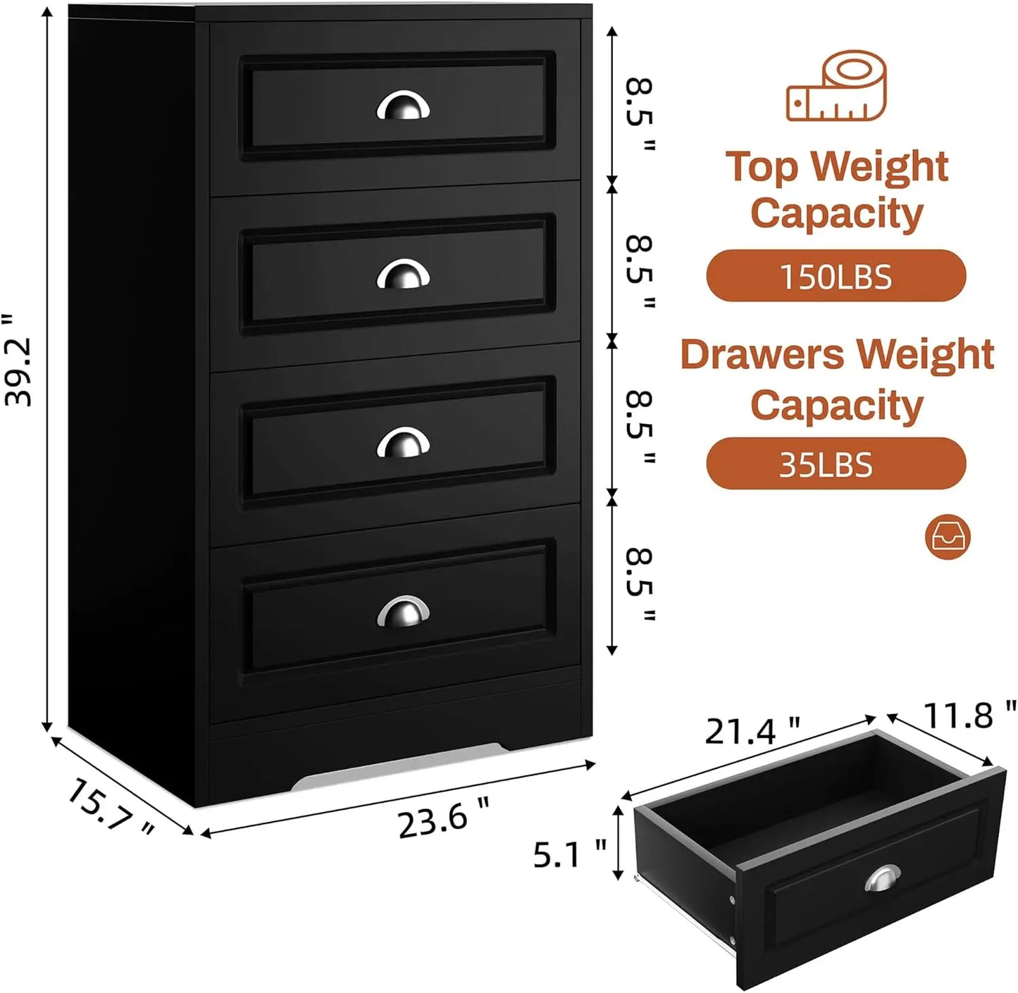 Black 4 Drawer Dresser, 40” High Modern  Wood