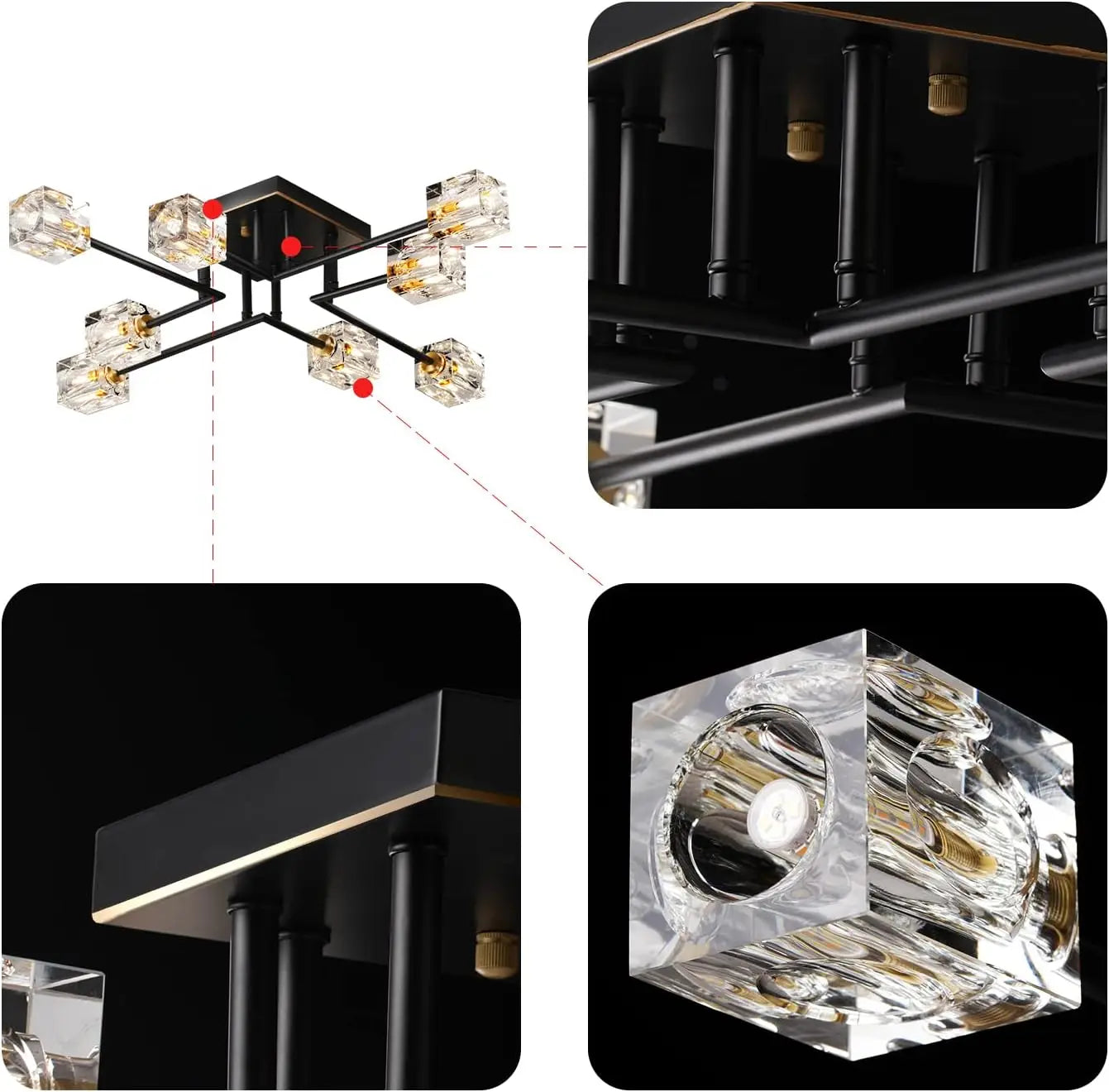 8-Lights Semi Flush Mount Ceiling Light Fixture, Black and Gold Modern Crystal