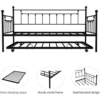 Metal Guest Bed Heavy Duty Twin Size Daybed with Pull out Trundle