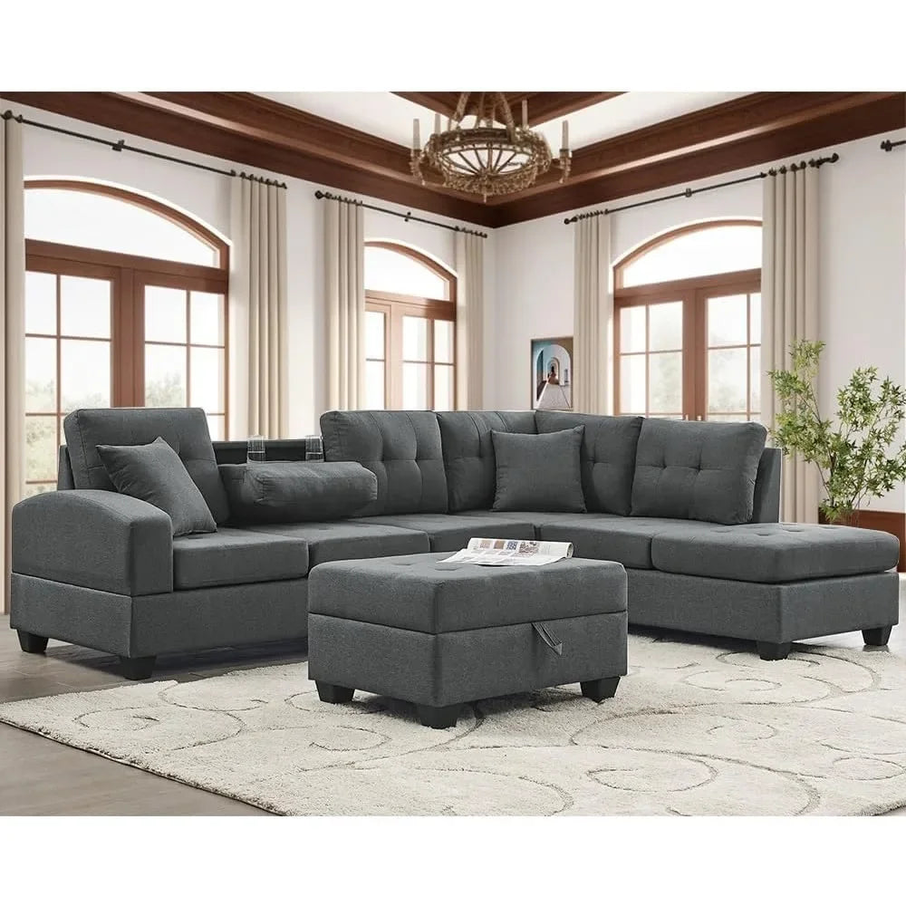 Living Room Sofa Set , L Shape Modular Storage Ottoman & Chaise, Comfy with Corner Sofa Cup Holder