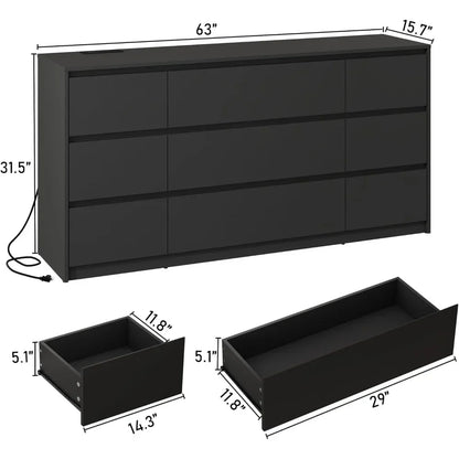 Black Dresser for Bedroom, 63 Inch Long 9 Drawers Dresser with Charging Station