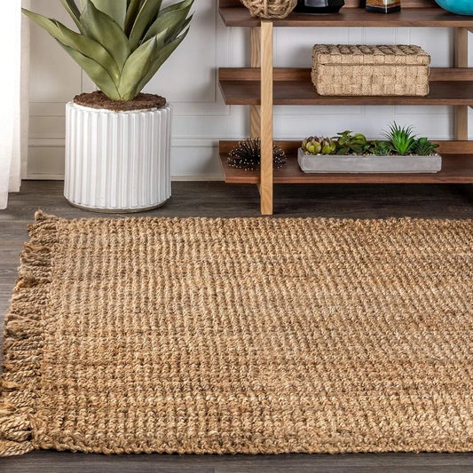 Hand Woven Chunky Jute with Fringe, Indoor Area Rug, Bohemian Farmhouse, Easy Cleaning, 8 Ft X 10 Ft, Natural Color