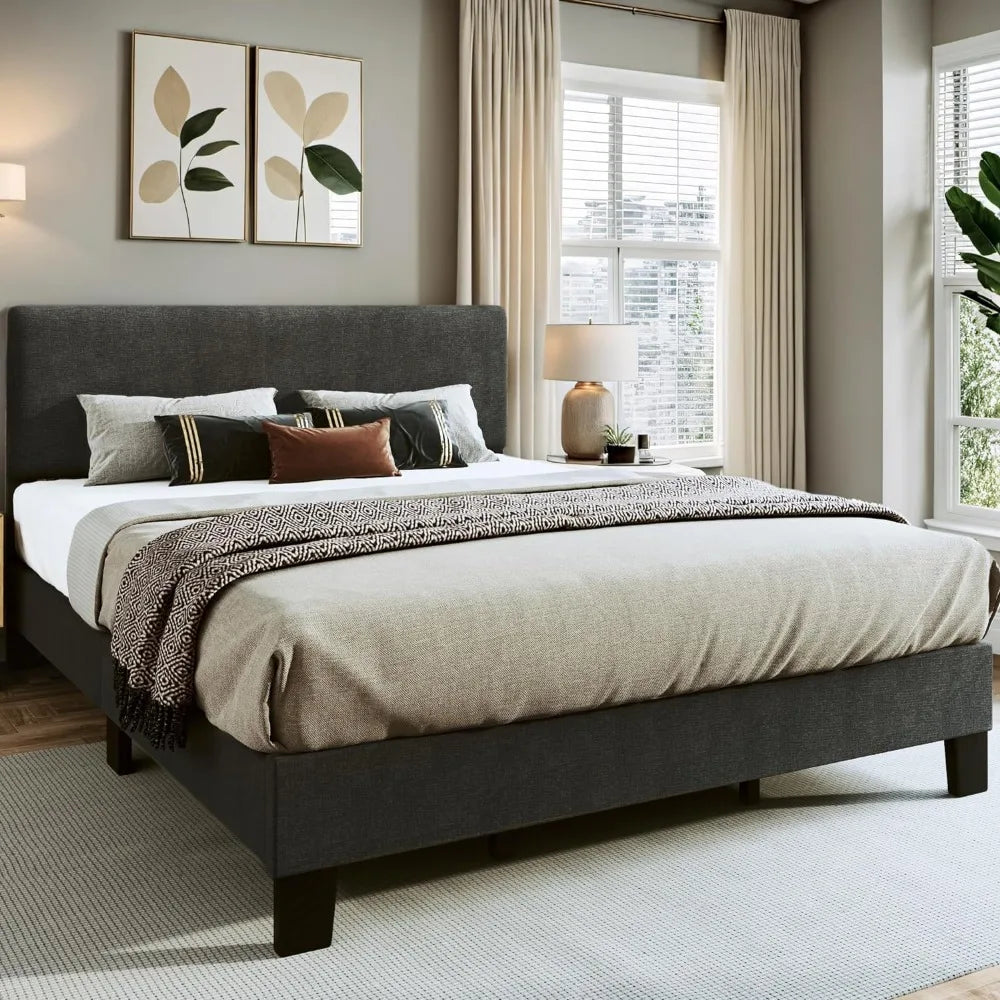 King Bed Frame with Adjustable Headboard Upholstered